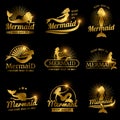 Golden mermaid labels. Shiny resort beach spa logos design