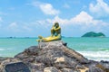 Golden mermaid statues on Samila beach. Landmark of Songkla, Thailand