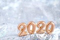 2020 golden Merry christmas and Happy New Year design banner. Blurred silver snow background. greeting card template christmas and Royalty Free Stock Photo