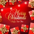 Golden Merry Christmas and Happy New Year text on red background. Social network banner or post vector template Royalty Free Stock Photo