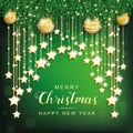 Golden Merry Christmas Stars Curtain Green Twigs Cover