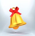 Golden metal bell with red bow isolated 3d icon, Christmas symbol, school bell 3d