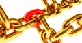 Golden Metal chain links isolated on white background. golden chain with one red link Royalty Free Stock Photo