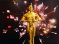 Hollywood Golden Oscar Academy award statue on blue sky background with copy space. Success and victory concept.