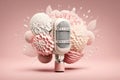 Golden metal microphone decorated with pink flowers, pink bright background, copy space. Grunge, nostalgia Royalty Free Stock Photo