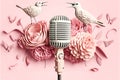 Golden metal microphone decorated with pink flowers and small birds of paradise, pink pastel background, copy space Royalty Free Stock Photo