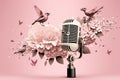 Golden metal microphone decorated with pink flowers and small birds of paradise, pink pastel background, copy space Royalty Free Stock Photo