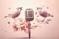 Golden metal microphone decorated with pink flowers and small birds of paradise, pink pastel background, copy space Royalty Free Stock Photo