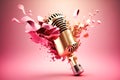 Golden metal microphone shatters explodes into large and small pieces, pink bright background. Grunge, nostalgia Royalty Free Stock Photo