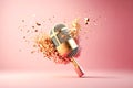 Golden metal microphone shatters explodes into large and small pieces, pink bright background. Grunge, nostalgia Royalty Free Stock Photo