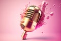 Golden metal microphone shatters explodes into large and small pieces, pink bright background. Grunge, nostalgia Royalty Free Stock Photo