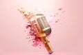 Golden metal microphone shatters explodes into large and small pieces, pink bright background. Grunge, nostalgia Royalty Free Stock Photo