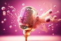 Golden metal microphone shatters explodes into large and small pieces, pink bright background. Grunge, nostalgia Royalty Free Stock Photo