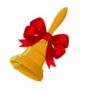 Golden metal school bell with a red bow. Royalty Free Stock Photo