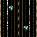 Golden chains with green gem seamless pattern.