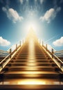 Golden metal staircase with steps towards the sky. Mystical and unrealistic image concept. AI generative