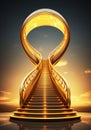 Golden metal staircase with steps towards the sky. Mystical and unrealistic image concept. AI generative