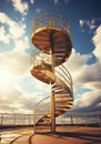 Golden metal staircase with steps towards the sky. Mystical and unrealistic image concept. AI generative