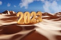 2023 Golden Metal Text in the Desert - 3D Illustration