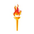 A golden metal torch with a blazing fire. The fiery torch of the champion\'s victory. The flame icon. A burning fire