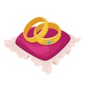 Golden metal wedding rings with brilliant on red pillow marriage circle jewellery married engagement