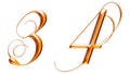 Golden metallic alphabet, numbers three and four, 3d illustration