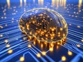 Golden metallic brain surrounded by glowing circuitry in a futuristic digital setting symbolizing neural science technological