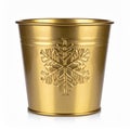 Golden Metallic Bucket with Embossed Snowflake Decoration on White Backdrop Royalty Free Stock Photo