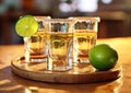 Golden mexican tequila shots with salt and lime on wooden board.Macro.AI Generative