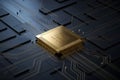 Golden Microchip on Advanced Circuit Board, high tech concept Royalty Free Stock Photo