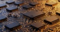 Golden microchips illuminate a digital circuit board Royalty Free Stock Photo