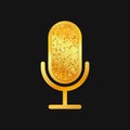 Golden microphone icon on black background. Isolated retro mic logo vector illustration. Old mike sign Royalty Free Stock Photo