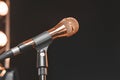 The golden microphone mounted on the stand rack, on black background, with stage lights. Studio, isolated Royalty Free Stock Photo