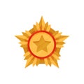 Golden military medal. Honorable award for courage and valor. Gold star order. Army reward. Flat vector icon