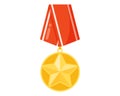 Golden military star award commemorative medal or order for merit, victory or champions with red ribbon