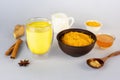 Golden milk, turmeric, honey, ginger root, cinnamon and other ingredients on grey table. Masala Haldi Doodh Royalty Free Stock Photo