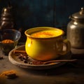 Golden milk turmeric latte in a indian kitchen. Traditional indian drink turmeric milk.