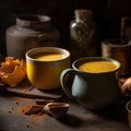 Golden milk turmeric latte in a indian kitchen. Traditional indian drink turmeric milk.