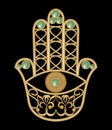 Golden Miriam hand with eye shape in filigree design with green emerald gem, amulet of protection