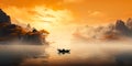 Golden misty coastal landscape with small fishing boat. Generative AI