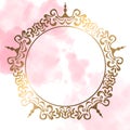 Golden modern frame with watercolor effect background. Pastel strokes of a rose. Round patterned frame. Gold luxury line