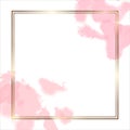 Golden modern frame with watercolor effect background. Pastel strokes of a rose. Square frame. Gold luxury line border Royalty Free Stock Photo