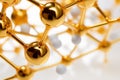 Golden Molecular structure of serum on white background . 3D modeling, copy space, banner.