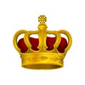 Golden monarch crown with red velvet and cross on top. Precious head accessory of king or queen. Bright vector design