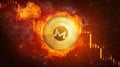 Golden Monero coin falling in fire flame.