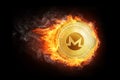 Golden Monero coin flying in fire flame.
