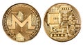 Golden monero isolated on white background. Two clipping path