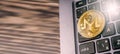 golden monero on keyboard. Crypto currency. Panorama, banner.