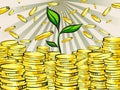 Golden money stacks with green sprout of wealth tree. Gold coins. Retro vector illustration of the shining wealth.