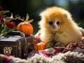 Golden monkey picnicking on toy blanket